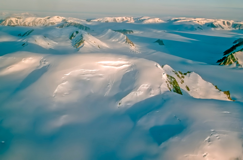 Aerial view of mountains and glaciers on Ellesmere Island in Canadian High Arctic