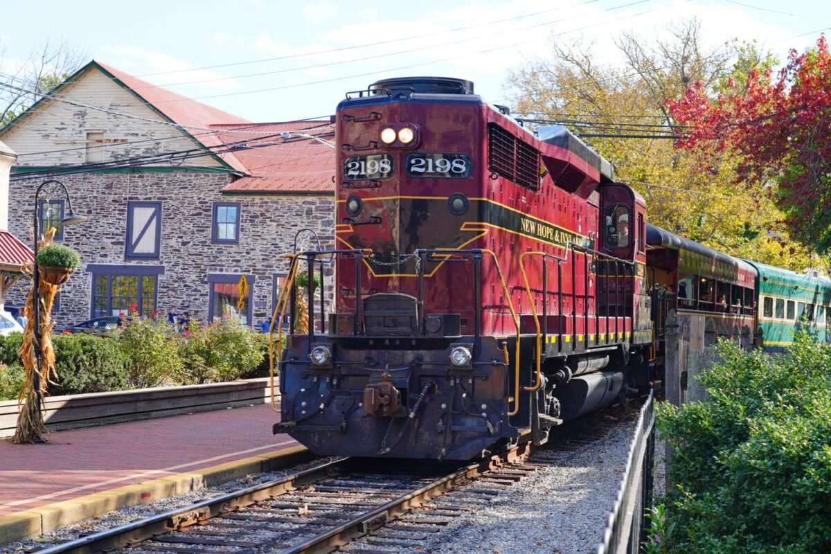 NEW HOPE PA View of the New Hope and Ivyland rail road a heritage train line for visitors going on touristic excursions in Bucks County Pennsylvania.