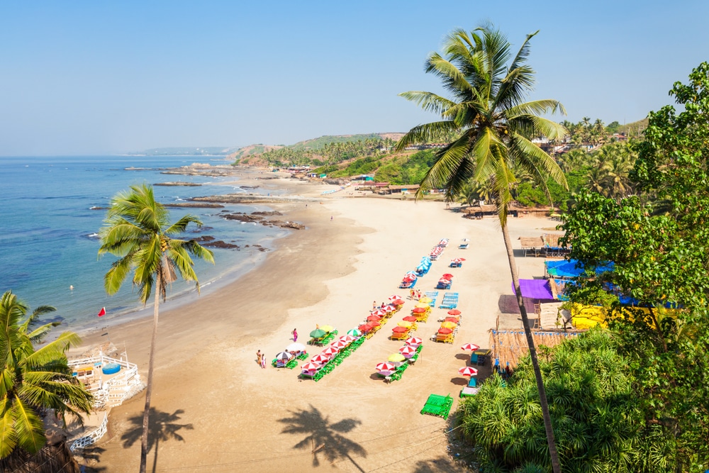 Vagator or Ozran beach aerial panoramic view in north Goa, India