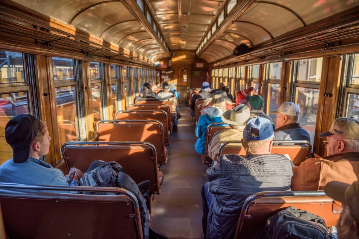 Durango, Colorado, USA: Tourists inside the historic steam engine train from Durango to Silverton in Colorado.