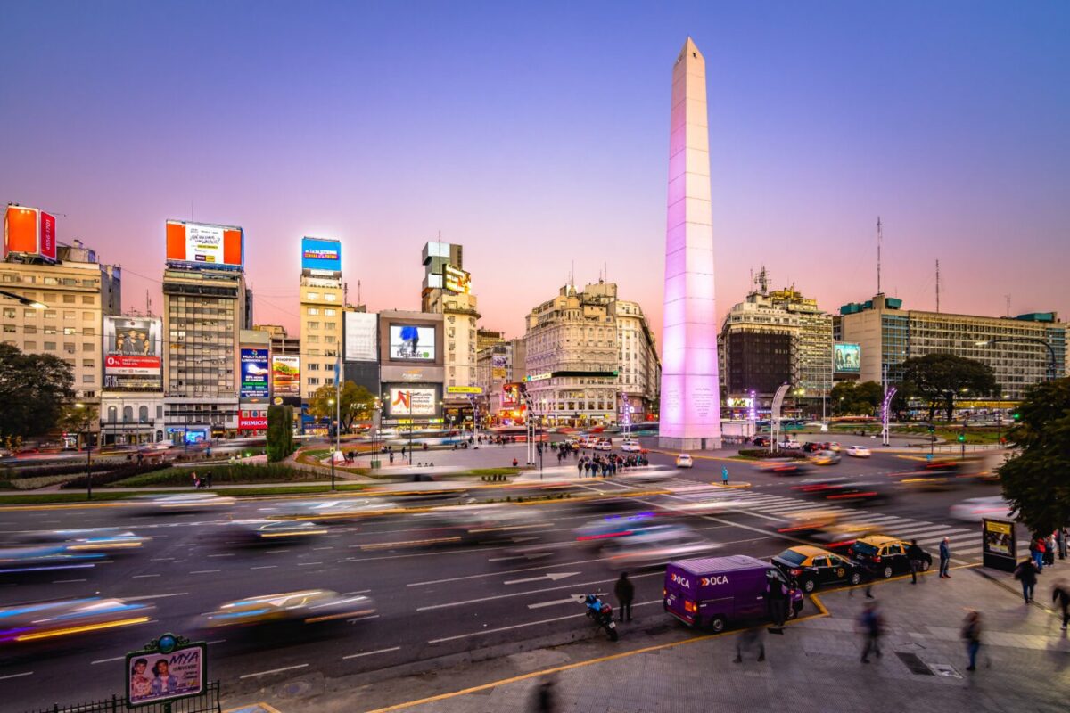 Buenos Aires/Argentina – September 03rd 2019: Famous Obelisk in Avenida 9 de Julio (July 9 Avenue), Touristic and Historic City Landmar