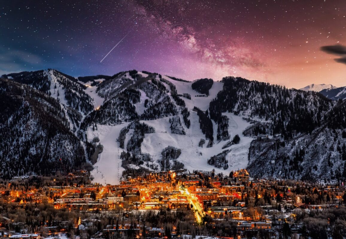 Aspen city skyline with milky way.