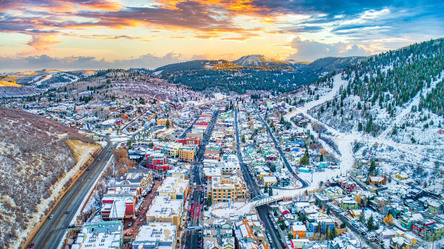 Park City, Utah, USA Downtown Skyline Aerial.