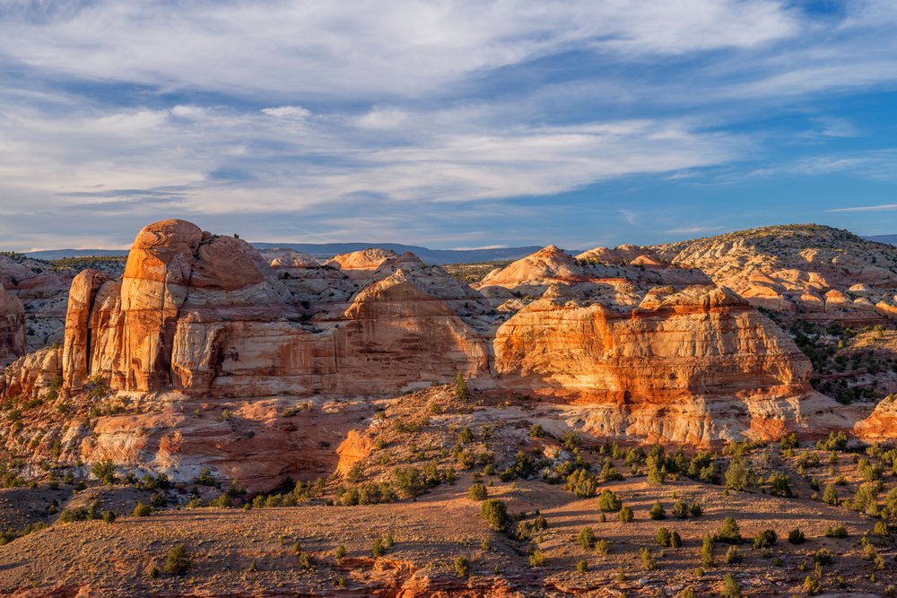 USA, Utah. Grand Staircase Escalante National Monument, sandstone buttes rise above the Escalante River Valley, from Boynton Overlook.