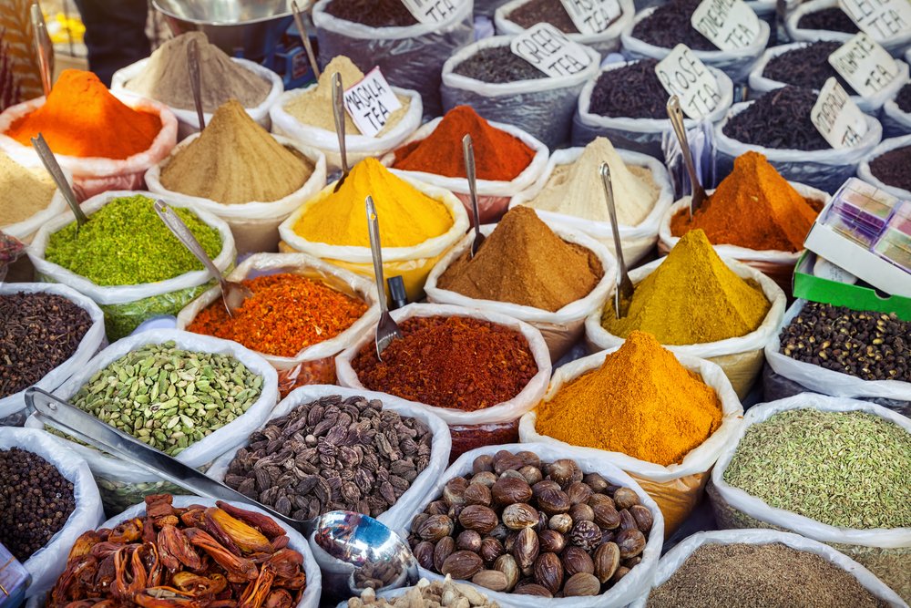 Indian colorful spices at Anjuna flea market in Goa, India