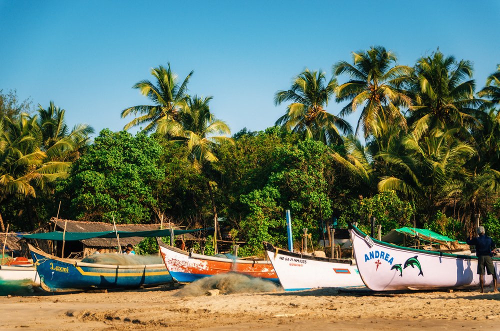 Goa India: Wooden Fishing Boats On Morjim