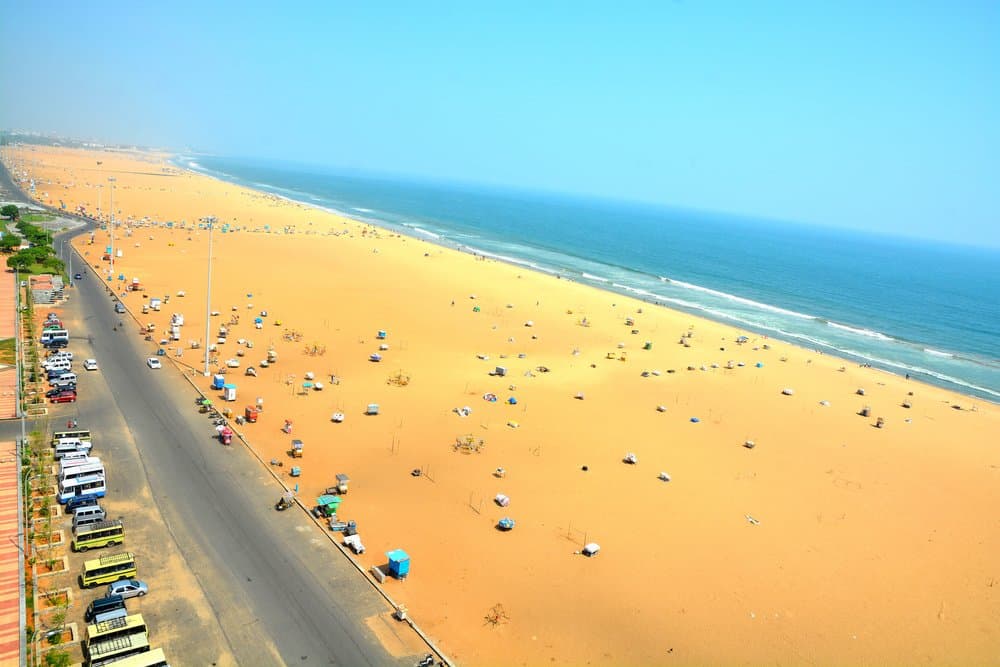 Marina Beach in Chennai City, India. It is one of the popular tourist attractions in Chennai. It is the longest urban natural beach in India, situated along the coast of the Bay of Bengal.