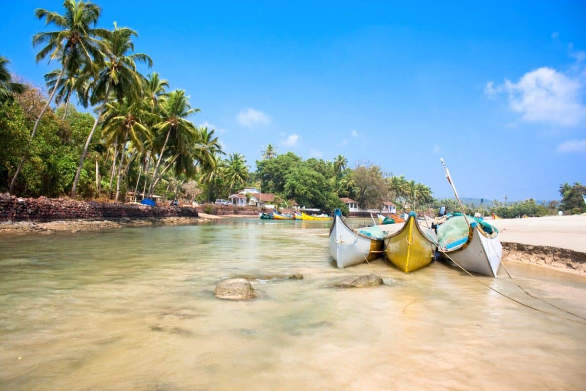 Beautiful View On Small Indian River With Wooden Outrigger Fishing