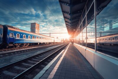 Beautiful Train With Blue Wagons At The Railway Station