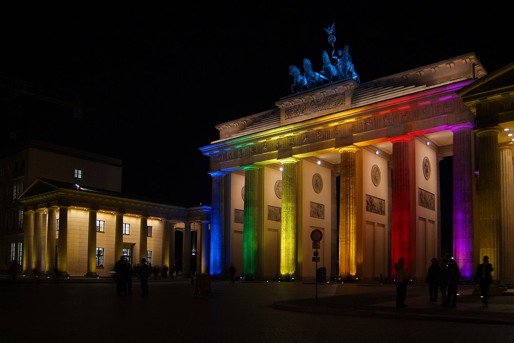 Brandenburg Gate at night, colorful illuminated, Berlin, Germany