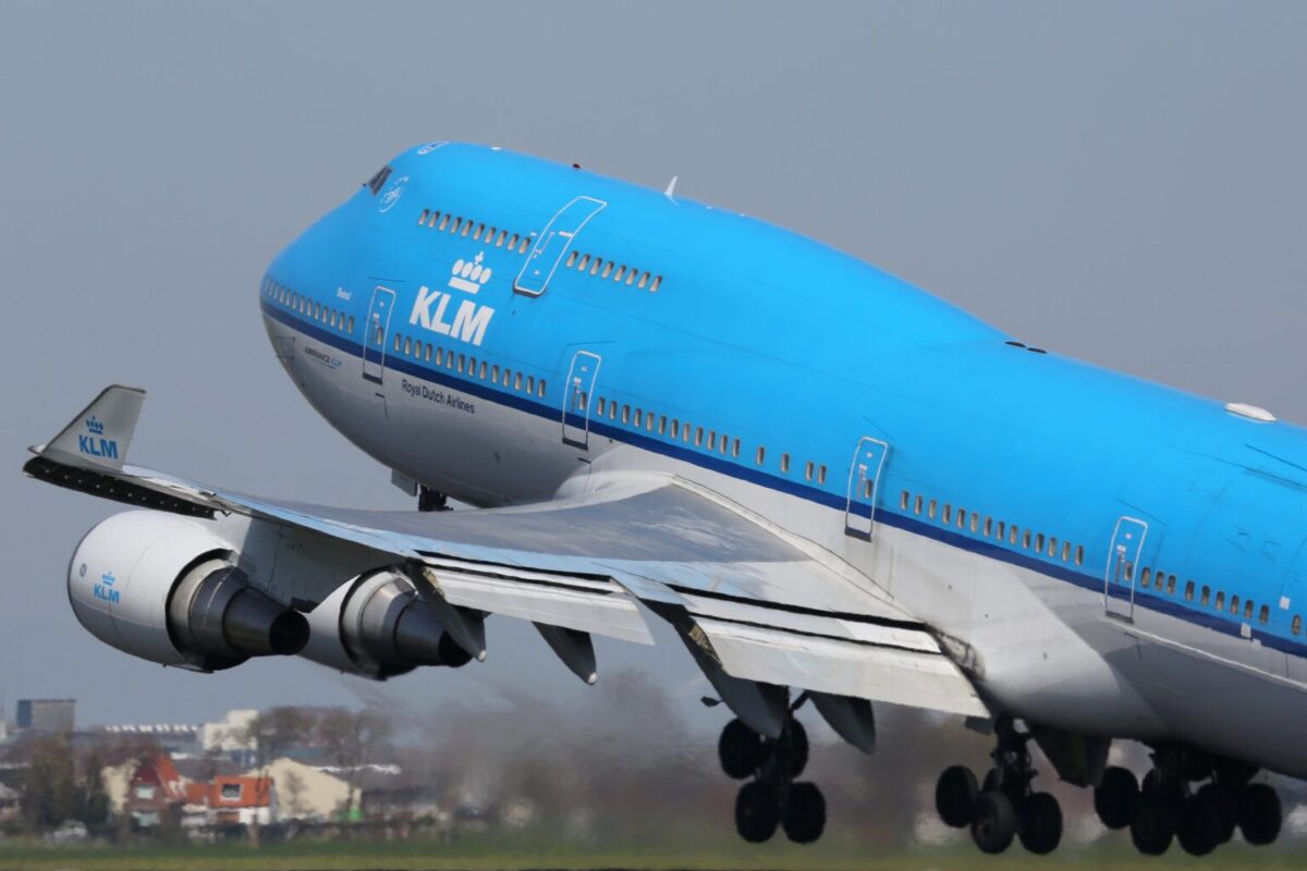 A KLM Royal Dutch Airlines Boeing 747-400 taking off on April 21, 2015 in Amsterdam. KLM is the largest airline of the Netherlands with its hub at Amsterdam airport. Lufthansa