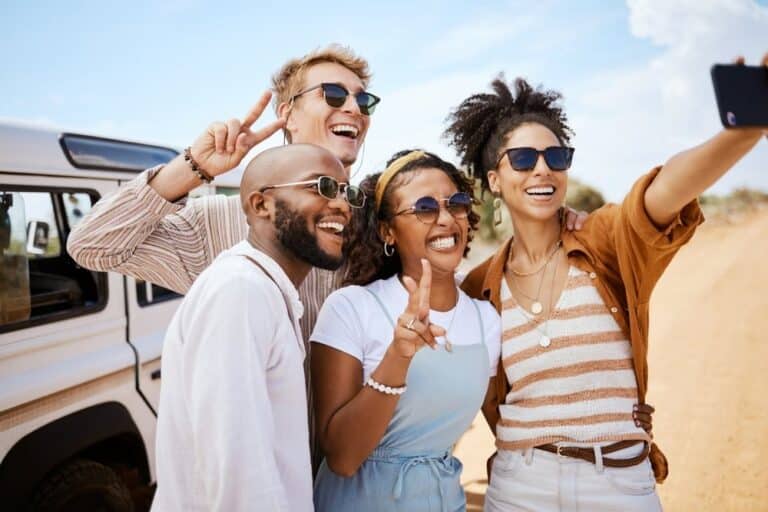 Travel Friends And Peace Selfie On Smartphone For South African