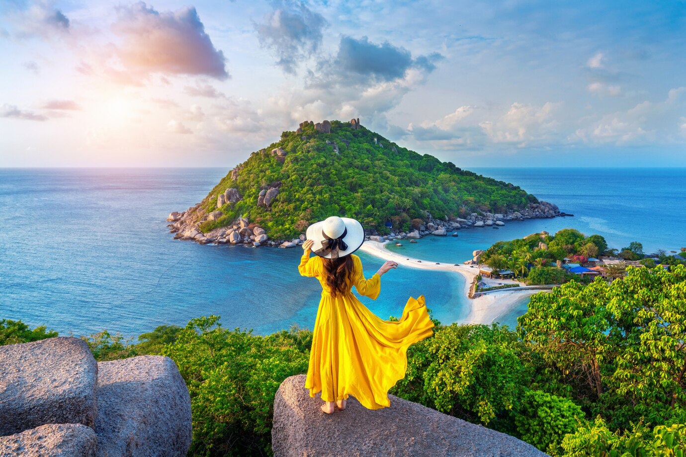 beautiful girl standing viewpoint koh nangyuan island near koh tao island surat thani thailand