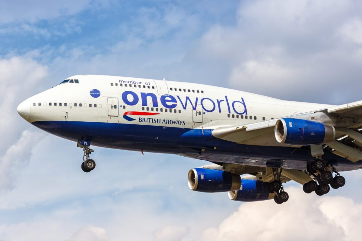 British Airways Boeing 747-400 airplane London Heathrow airport (LHR) OneWorld special livery in the United Kingdom.