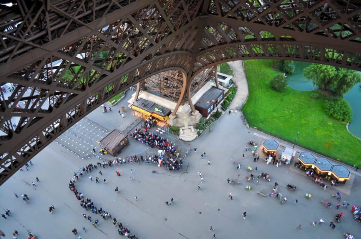 Crowds gather and form a long queue to visit the Eiffel tower, Paris