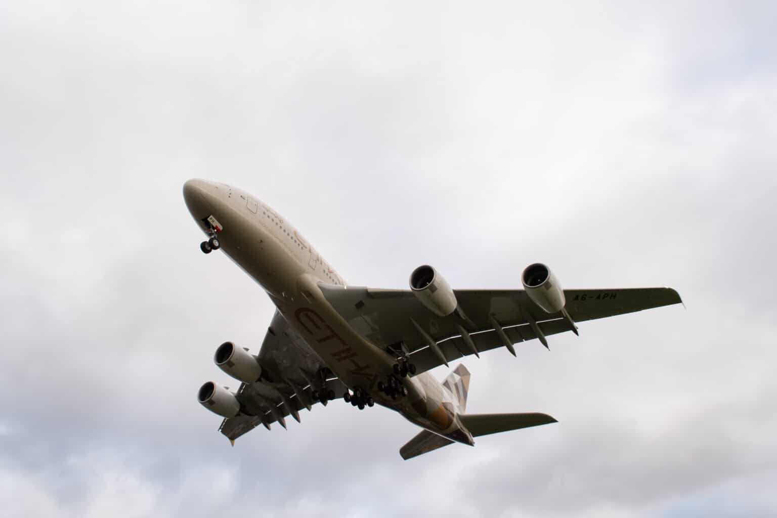 Etihad Airways Airbus A380-861 registration A6-APH flying into London Heathrow airport after operating as flight EY19 from Abu Dhabi.