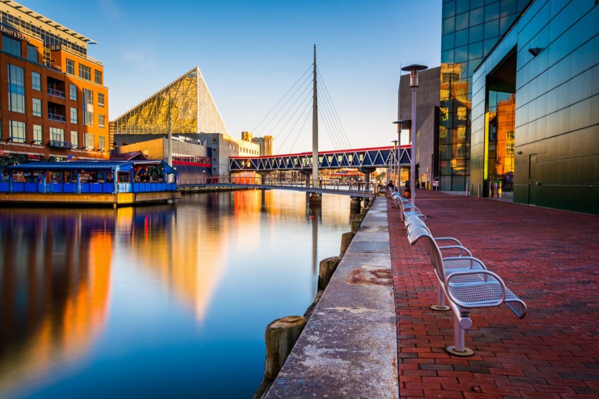 Long exposure of the Waterfront Promenade and the National Aquarium in Baltimore, Maryland.