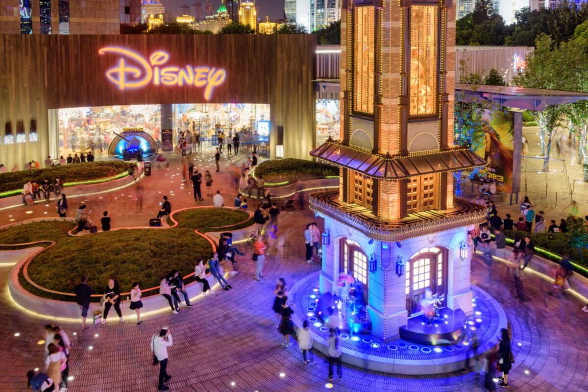 Night view of the Disney Flagship Store at the Pudong New District (Lujiazui) in downtown. Shanghai is a popular tourist destination of Asia.