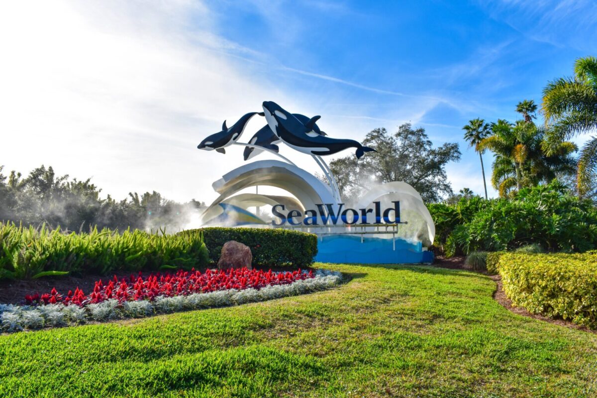 Panoramic view of SeaWorld sign in International Drive area.