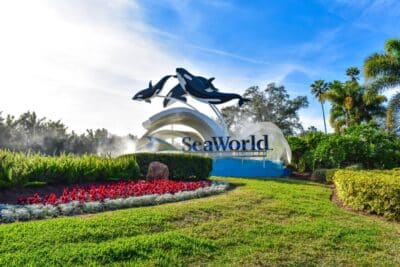 Panoramic view of SeaWorld sign in International Drive area.