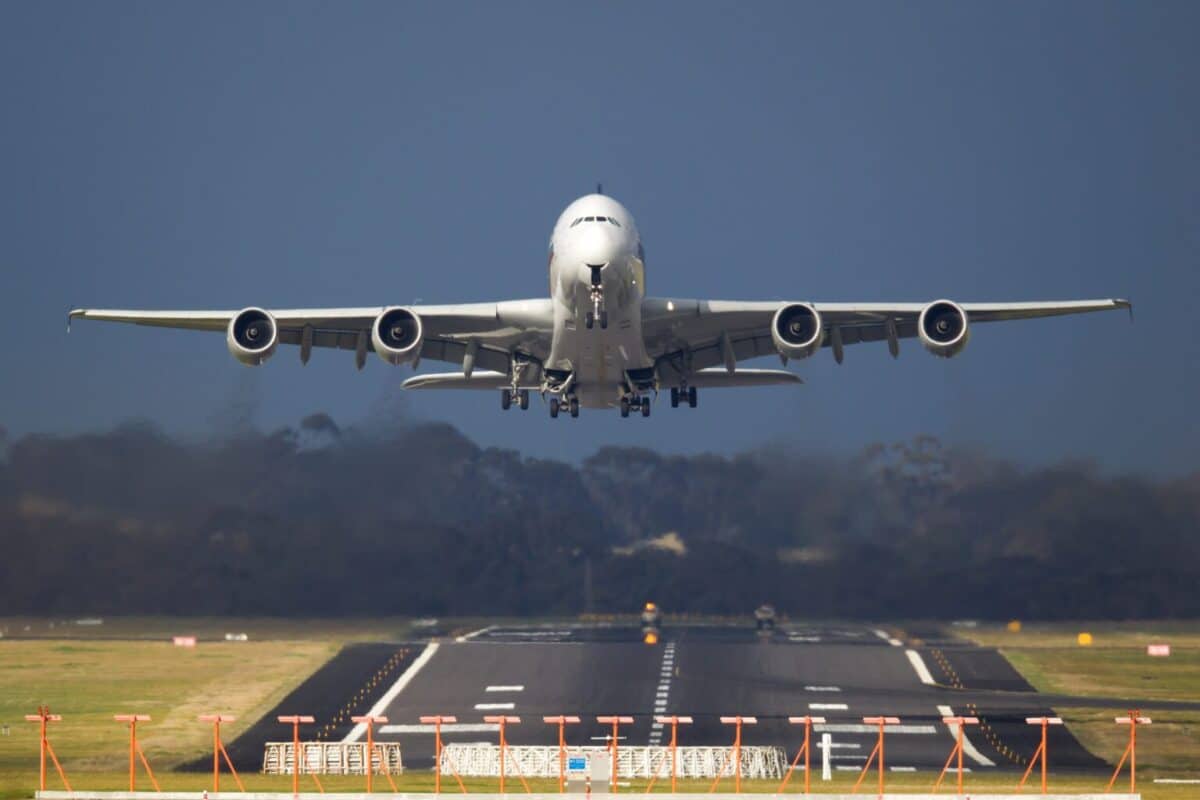 An A380 jumbo jet landing from a flight from Paris.