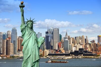 New York City Skyline Cityscape With Statue Of Liberty