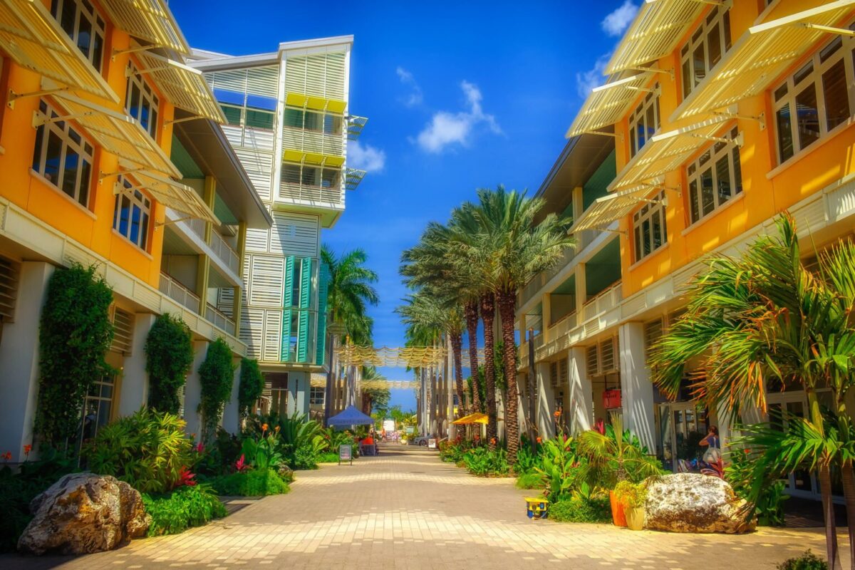 The Paseo in Camana Bay a modern waterfront town in the Caribbean.