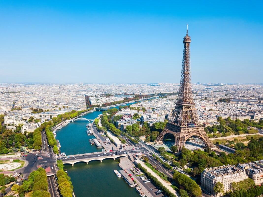 Eiffel Tower or Tour Eiffel aerial view, is a wrought iron lattice tower on the Champ de Mars in Paris, France