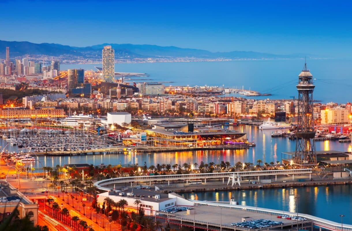 Barcelona City And Port in Evening. Catalonia, Spain