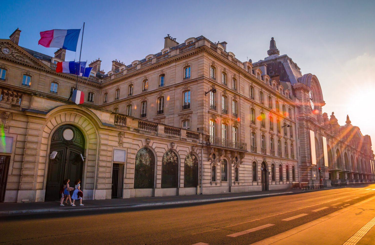 Sunset view of Orsay Museum on left bank of Seine, Paris, France.