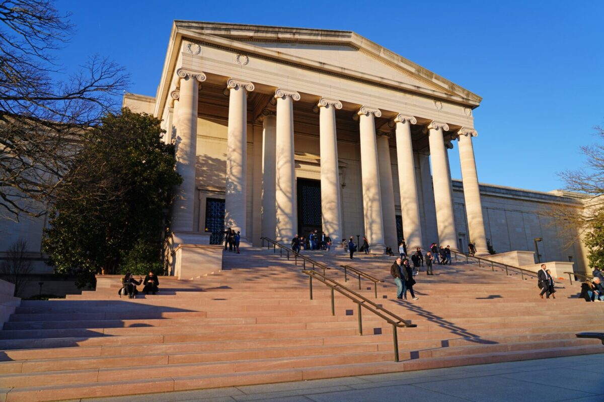 View of the Smithsonian National Gallery of Art West Building on the National Mall in Washington, DC.