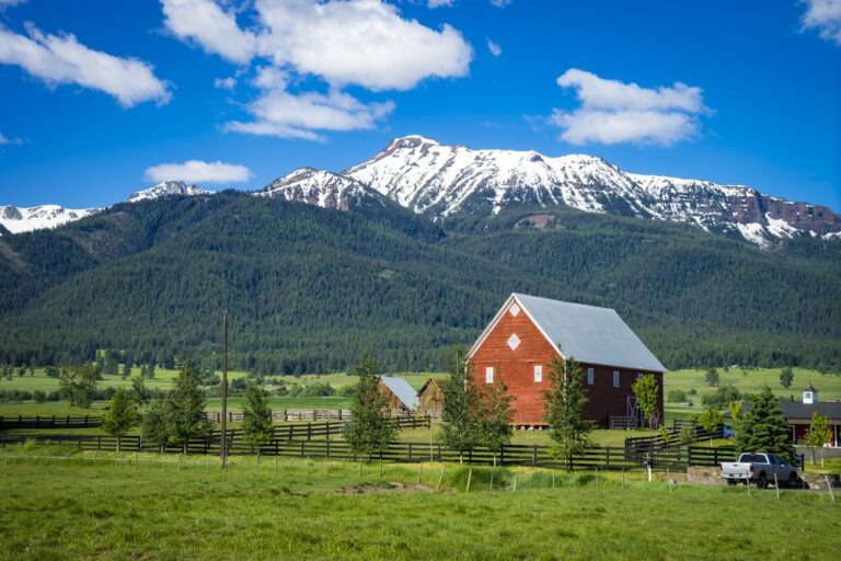 Red Barn Near Wallowa Mountains In Oregon