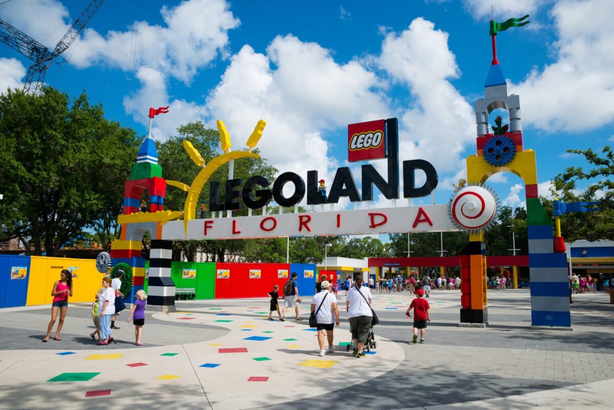 Visitors pass through the entrance to Legoland Florida in Winter Haven, FL.