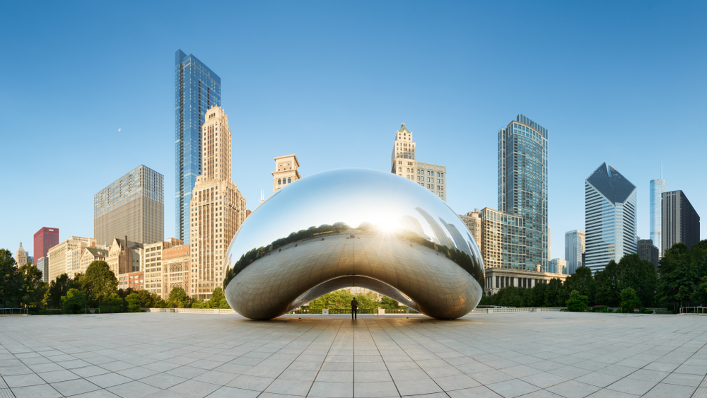 CHICAGO, ILLINOISUSA- Panoramic image of the Cloud Gate or The Bean in the morning in Millennium Park, Chicago, Illinois