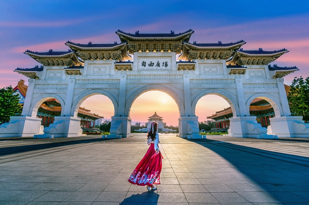 Asian Woman In Chinese Dress Traditional Walking In Archway