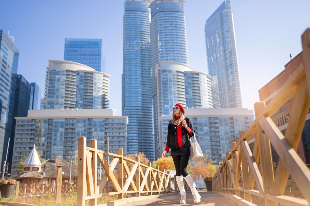 Business woman in city center looking at view of skyline skyscrapers in Toronto downtown , Canada.