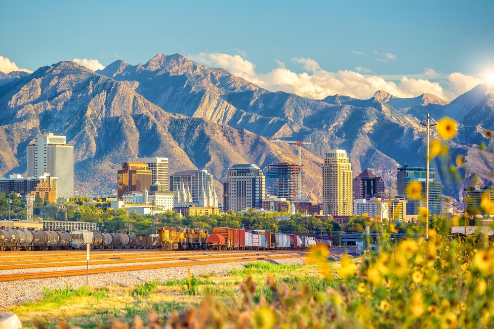 Downtown Salt Lake City skyline cityscape of Utah in USA at sunset