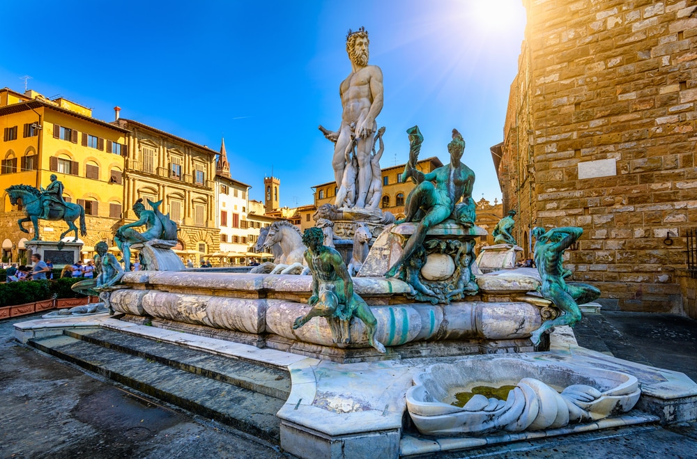 Fountain Neptune in Piazza della Signoria in Florence, Italy. Florence famous fountain. Florence architecture. One of the main landmarks in Florence