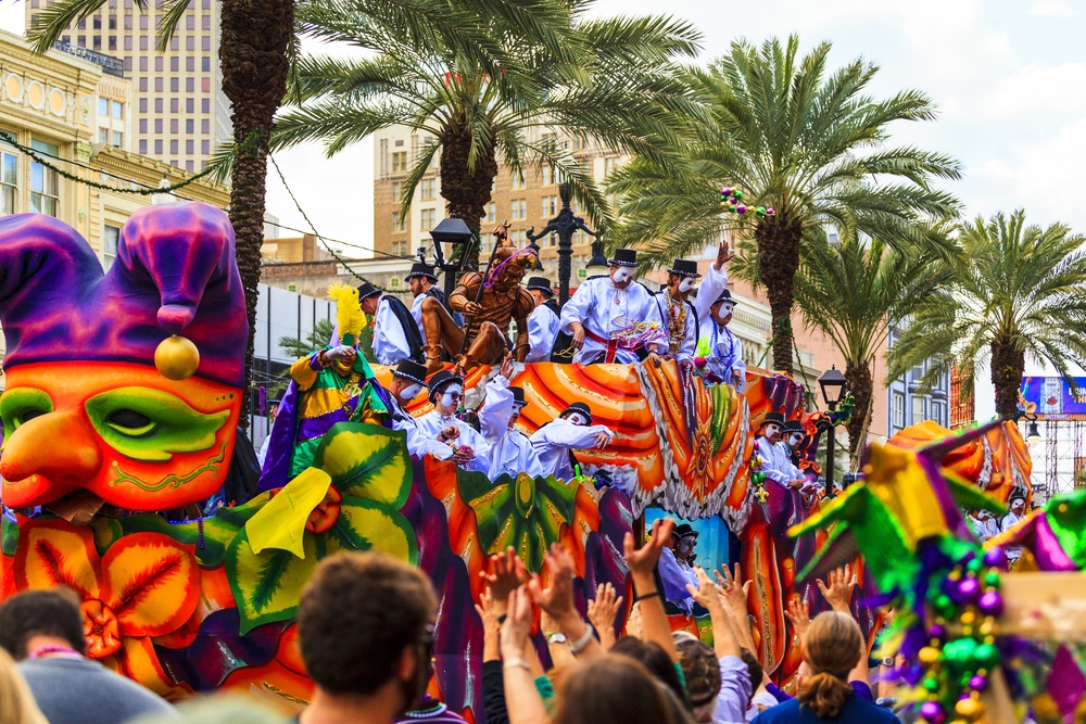 Mardi Gras parades through the streets of New Orleans.People celebrated crazily. Mardi Gras is the biggest celebration the city of New Orleans hosts every year.