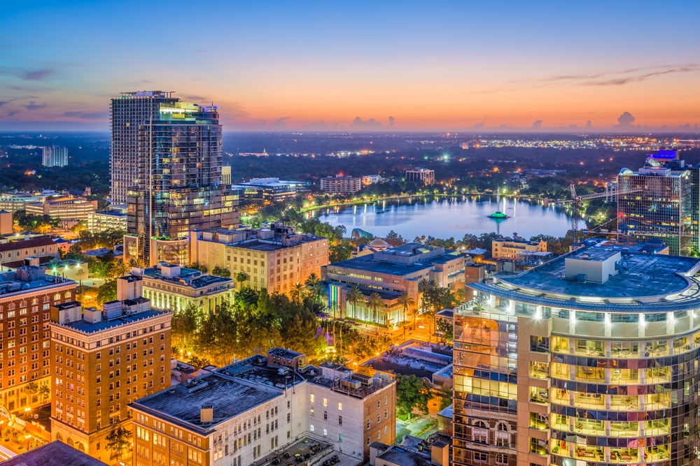 Orlando, Florida, USA aerial skyline towards Lake Eola.