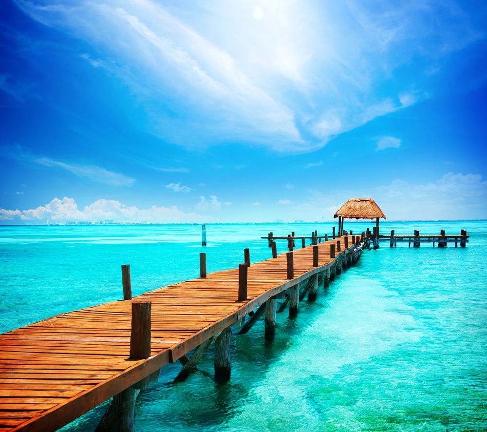 Paradise. Vacations And Tourism Concept. Tropical Resort. Jetty on Isla Mujeres, Mexico,Cancun