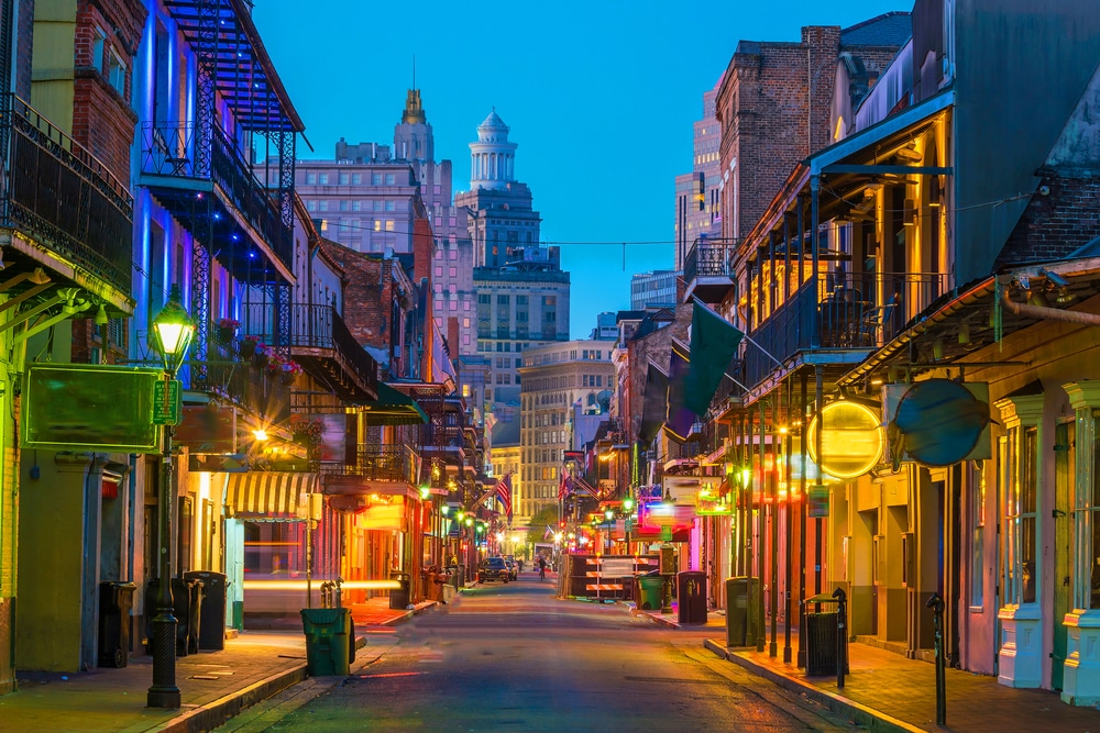 Pubs and bars with neon lights in the French Quarter, New Orleans USA