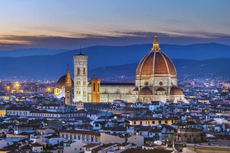 View of Florence Cathedral in evening from Piazzale Michelangelo, Italy